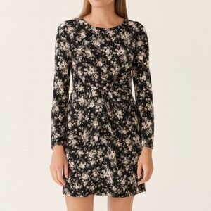 Club Monaco Black Floral Silk Wrap Dress Women’s Size 4 Lined Long Sleeve